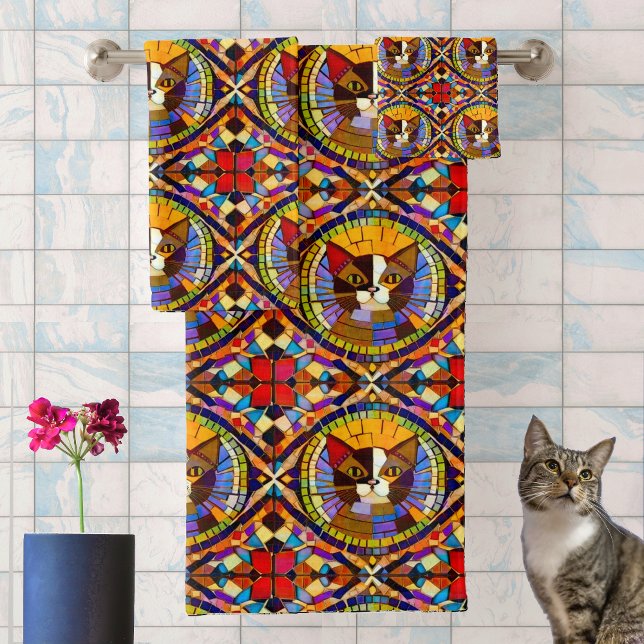 Mosaic Calico Cat in Colourful Glass Tiles Bath Towel Set (Creator Uploaded)