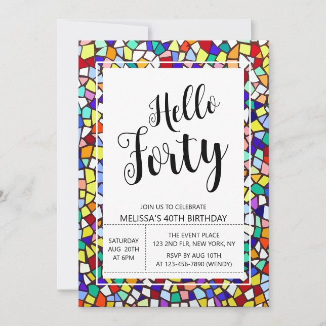Mosaic Colourful & Fun Hello Forty 40th Birthday Invitation (Front)