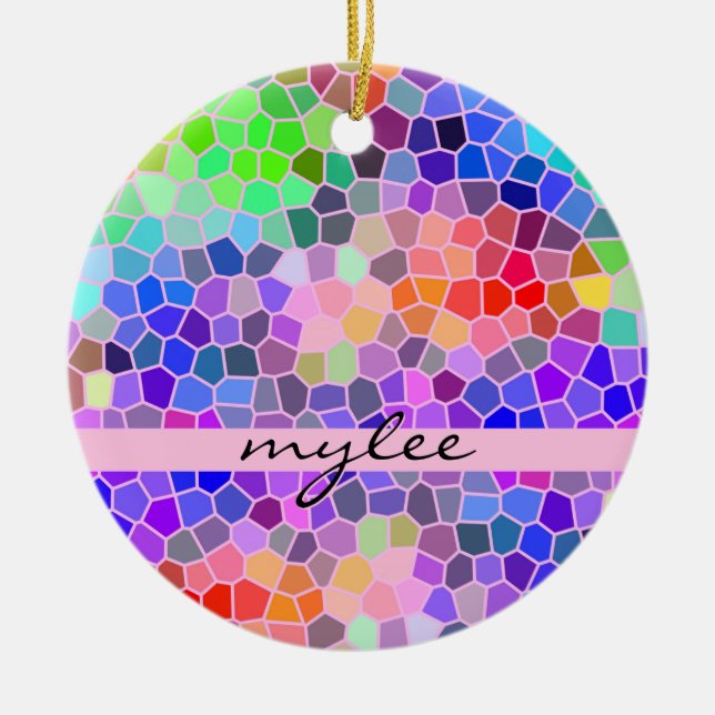 Mosaic Colourful Rainbow Pink Blue Abstract Funky Ceramic Ornament (Front)