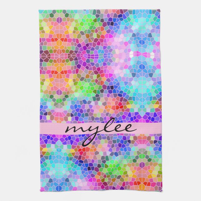 Mosaic Colourful Rainbow Pink Blue Abstract Funky Kitchen Towel (Vertical)