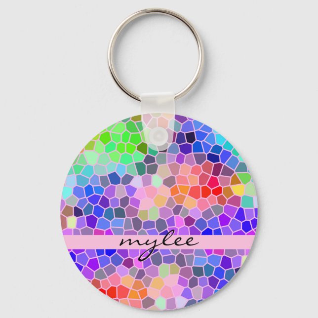 Mosaic Colourful Rainbow Pink Monogram Abstract Keychain (Front)