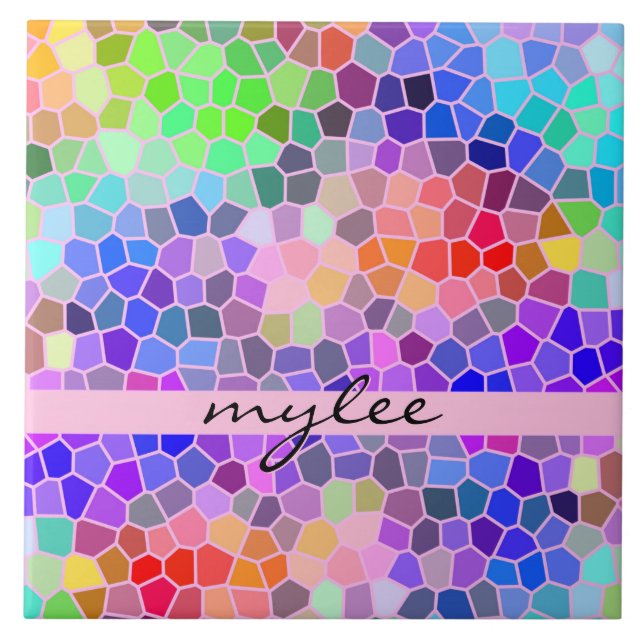 Mosaic Colourful Rainbow Pink Monogram Abstract Tile (Front)