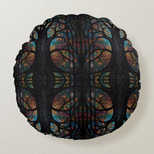 Mosaic Dark Forest Abstract Trees Round Pillow