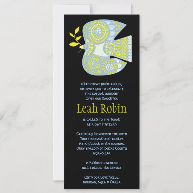 MOSAIC DOVE de la PAIX Invitation Bat mitzvah (Devant)