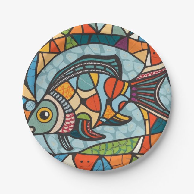 mosaic fish, Bright colours, aquarium Paper Plate (Front)