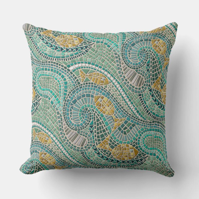 mosaic fish mint throw pillow (Front)