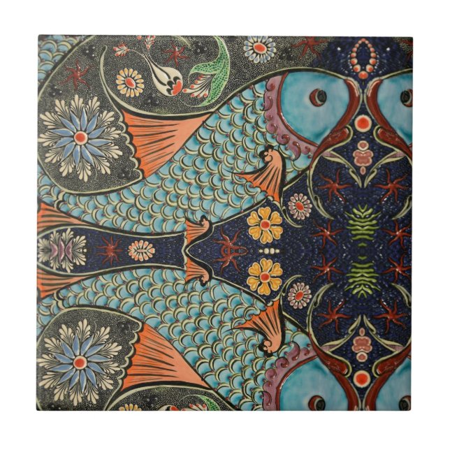 Mosaic Fish Teal / Turquoise Modern Pattern Unique Tile (Front)