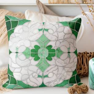 Mosaic Flourish Marble Ornament Green and White Throw Pillow
