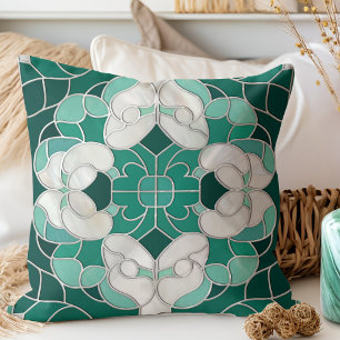 Mosaic Flourish Marble Ornament Green and White Throw Pillow