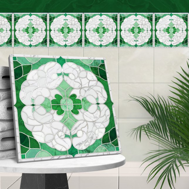 Mosaic Flourish Marble Ornament Green and White Tile (Creator Uploaded)