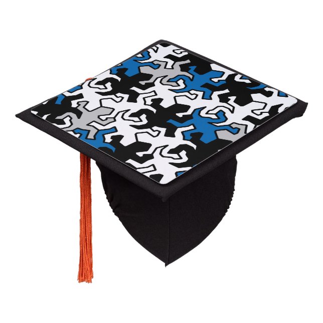 Mosaic Geckos Pattern - blue black white grey Graduation Cap Topper (Angled)