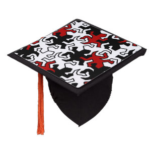 Mosaic Geckos Pattern - red black white Graduation Cap Topper
