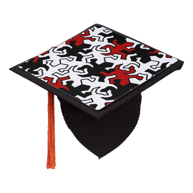 Mosaic Geckos Pattern - red black white Graduation Cap Topper (Angled)