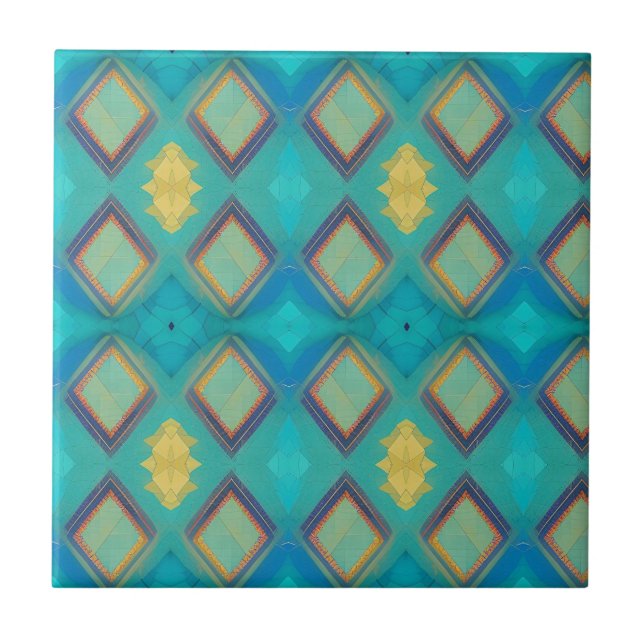 Mosaic geometric decor turquoise blue gold kitty  tile (Front)