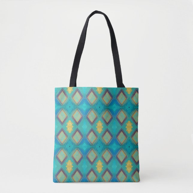 Mosaic geometric decor turquoise blue gold kitty  tote bag (Front)