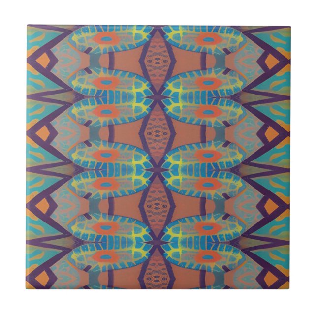 Mosaic geometric design green orange mauve lines  tile (Front)