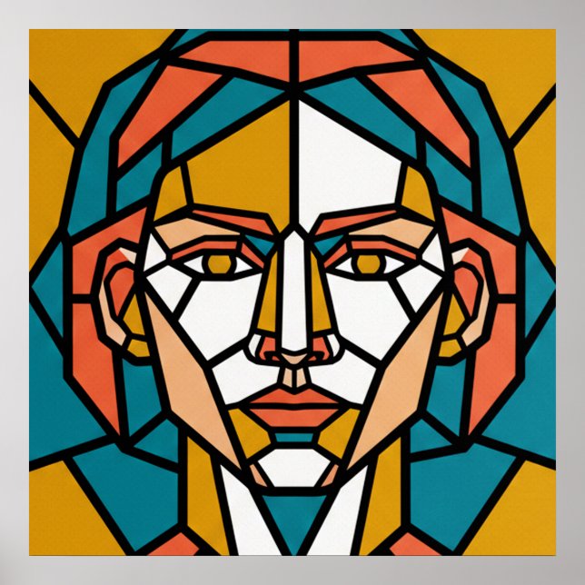 Mosaic Geometric Portrait in Amber and Teal Poster (Front)