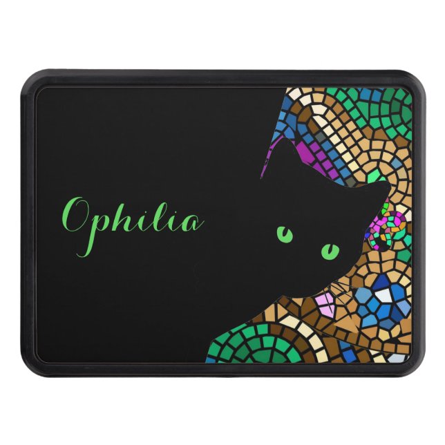 Mosaic Green Eye Sly Cat w Name Trailer Hitch Cover (Front)