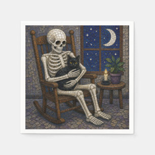 Mosaic Halloween Skeleton and Black Cat Napkin