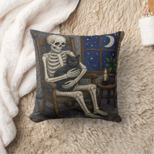 Mosaic Halloween Skeleton and Black Cat Throw Pillow