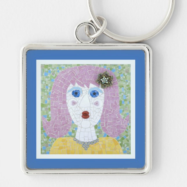 Mosaic - Ingrid with Blue & Ivory Border Keychain (Front)
