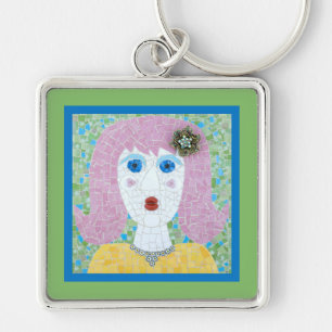 Mosaic - Ingrid with Green & Blue Border Keychain