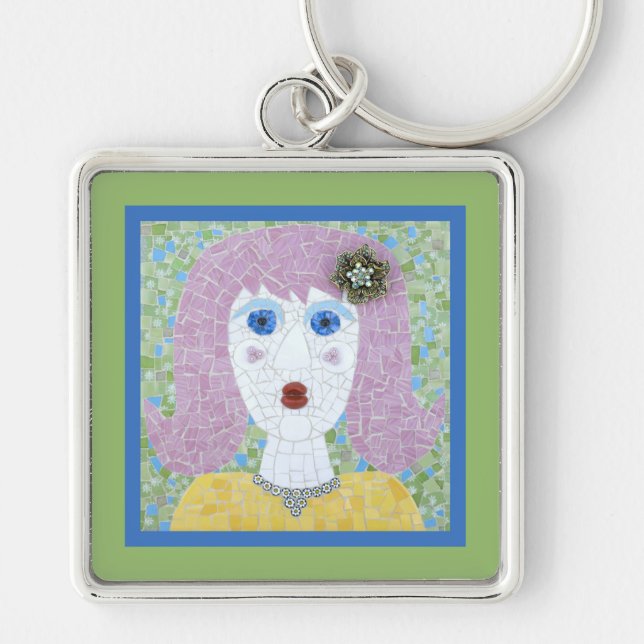 Mosaic - Ingrid with Green & Blue Border Keychain (Front)