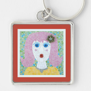 Mosaic - Ingrid with Red Orange & Ivory Border Keychain