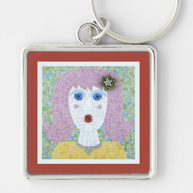 Mosaic - Ingrid with Red Orange & Ivory Border Keychain (Front)