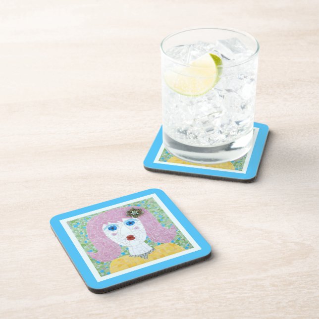 Mosaic - Ingrid with Turquoise & Ivory Border Coaster (Right Side)