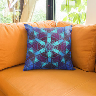 Mosaic Kaleidoscope Flower Blue and Purple Throw Pillow