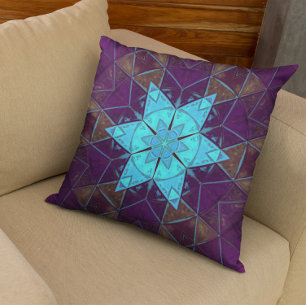 Mosaic Kaleidoscope Flower Blue and Purple Throw Pillow