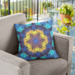 Mosaic Kaleidoscope Flower Blue and Yellow Throw Pillow