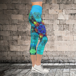 Mosaic Kaleidoscope Flower Blue Green and Orange L Capri Leggings