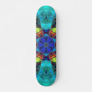 Mosaic Kaleidoscope Flower Blue Green and Orange Skateboard