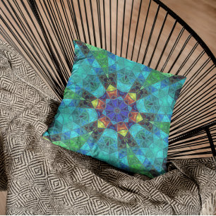 Mosaic Kaleidoscope Flower Blue Green and Orange Throw Pillow