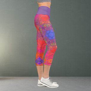 Mosaic Kaleidoscope Flower Blue Pink and Yellow Le Capri Leggings