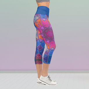 Mosaic Kaleidoscope Flower Blue Pink and Yellow Le Capri Leggings