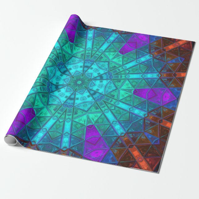 Mosaic Kaleidoscope Flower Blue Purple and Red Wrapping Paper (Unrolled)