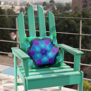 Mosaic Kaleidoscope Flower Blue Purple and Teal Throw Pillow