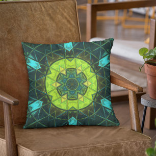 Mosaic Kaleidoscope Flower Green and Blue Throw Pillow