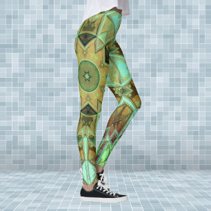 Mosaic Kaleidoscope Flower Green and Brown Leggings