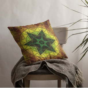 Mosaic Kaleidoscope Flower Green and Yellow Throw Pillow