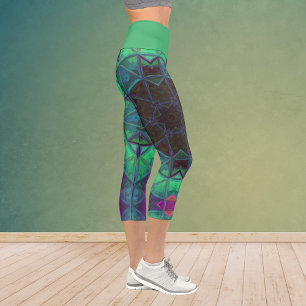 Mosaic Kaleidoscope Flower Green Blue and Pink Leg Capri Leggings