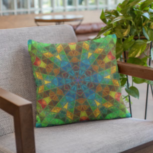 Mosaic Kaleidoscope Flower Green Blue and Yellow Throw Pillow