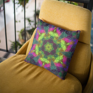 Mosaic Kaleidoscope Flower Green Pink and Purple Throw Pillow