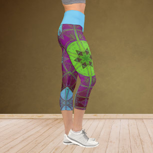 Mosaic Kaleidoscope Flower Green Purple and Blue L Capri Leggings