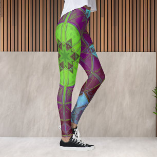 Mosaic Kaleidoscope Flower Green Purple and Blue Leggings