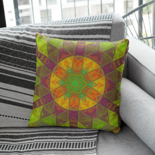 Mosaic Kaleidoscope Flower Green Purple and Orange Throw Pillow