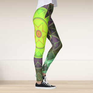 Mosaic Kaleidoscope Flower Green Purple and Yellow Leggings